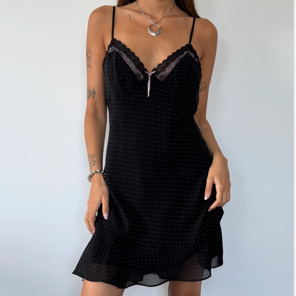 Black Lace Purple Polka Dot Flowy Satin Midi Dress Nightgown